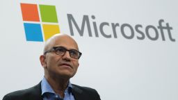 BERLIN, GERMANY - FEBRUARY 27: Satya Nadella, CEO of Microsoft, speaks with Herbert Diess, CEO of Volkswagen AG, (not pictured) at a "fireside chat" to the media about a joint project between the two companies called the Volkswagen Automotive Cloud on February 27, 2019 in Berlin, Germany. Microsoft is working with several automakers to advance the carmakers' digitalization.  (Photo by Sean Gallup/Getty Images)