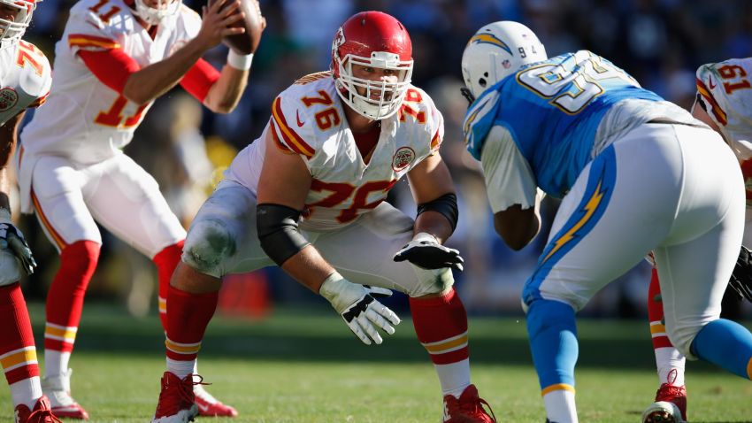 SAN DIEGO, CA - NOVEMBER 22: Laurent Duvernay-Tardif #76 of the Kansas City Chiefs blocks Corey Liuget #94 of the San Diego Chargers during a game at Qualcomm Stadium on November 22, 2015 in San Diego, California. (Photo by Sean M. Haffey/Getty Images)