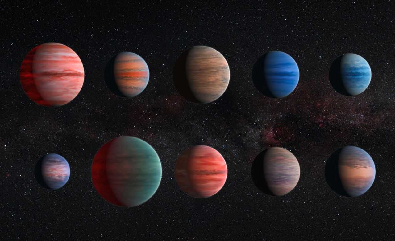 This image shows an artist's impression of 10 hot Jupiter exoplanets. Clockwise from top left to lower left, these planets are WASP-12b, WASP-6b, WASP-31b, WASP-39b, HD 189733b, HAT-P-12b, WASP-17b, WASP-19b, HAT-P-1b and HD 209458b. Hot Jupiters were some of the first exoplanets to be discovered. Although they're in orbits too close to their stars to support life on the planet's surface, these intriguing gas giants are unlike any planet in our solar system.