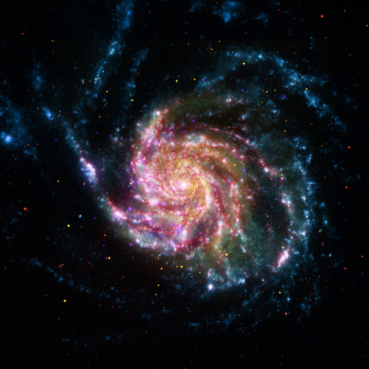This image of the Pinwheel Galaxy combines data in the infrared, visible, ultraviolet and x-rays from four of NASA's space telescopes, revealing young and old stars.