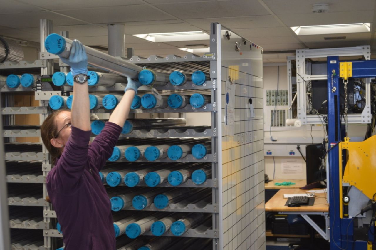 Physical properties specialist Elizabeth Sibert retrieves a core during Expedition 378. The trip collected over 900 meters of samples.