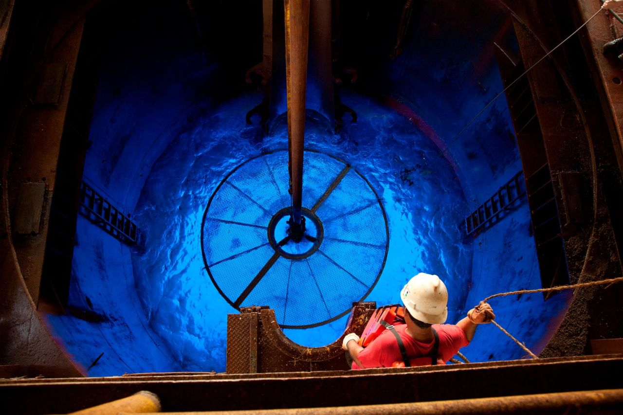 A view down the moon pool -- a void in the middle of the ship -- of the JOIDES Resolution on Expedition 336 in 2011, which probed the North Pond area of the Mid Atlantic Ridge.