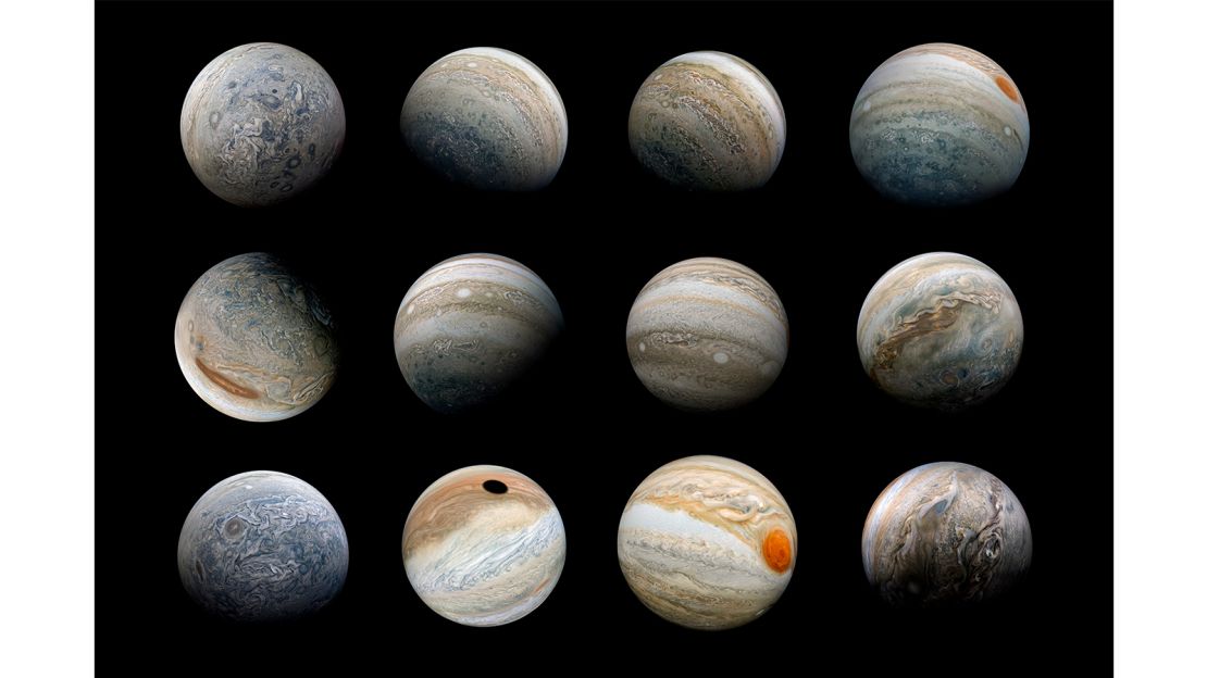 Kevin Gill: "A collage of ultra-wide-angle Jupiter views created using reprojected images captured by the Juno spacecraft."