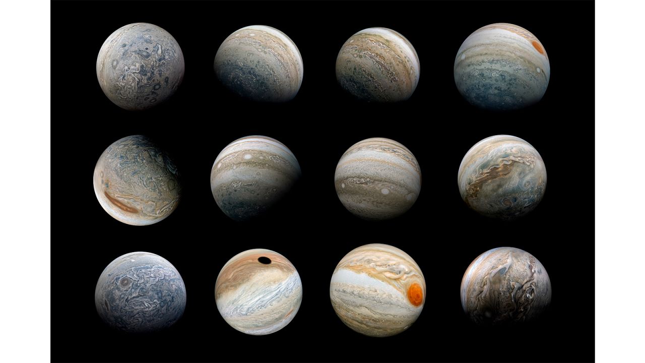 Kevin Gill: "A collage of ultra-wide-angle Jupiter views created using reprojected images captured by the Juno spacecraft."