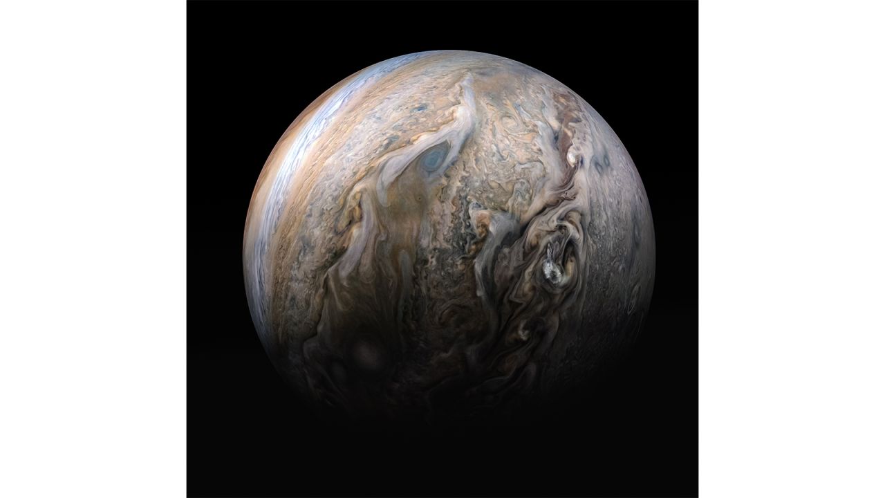 "Jupiter North Lats Fisheye" -- A ultra-wide-angle view of Jupiter centered on its mid-northern latitudes.