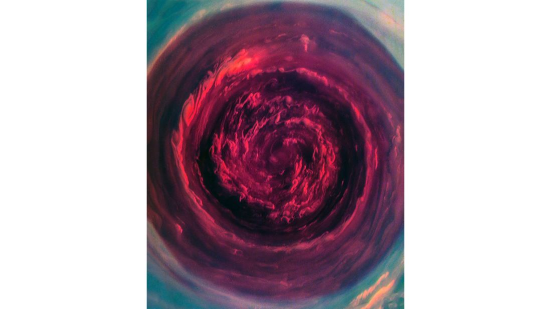 "Near IR Saturn North Pole" -- A view of Saturn's north polar vortex processed using far red/near-infrared wavelengths captured by Cassini.