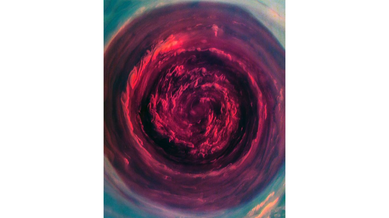 "Near IR Saturn North Pole" -- A view of Saturn's north polar vortex processed using far red/near-infrared wavelengths captured by Cassini.
