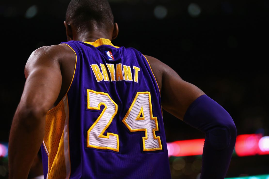A detail of Kobe Bryant #24 of the Los Angeles Lakers' jersey during the second quarter against the Boston Celtics at TD Garden on December 30, 2015 in Boston, Massachusetts.