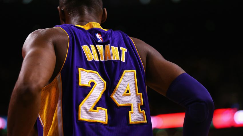 BOSTON, MA - DECEMBER 30:  A detail of Kobe Bryant #24 of the Los Angeles Lakers' jersey during the second quarter against the Boston Celtics at TD Garden on December 30, 2015 in Boston, Massachusetts.  NOTE TO USER: User expressly acknowledges and agrees that, by downloading and/or using this photograph, user is consenting to the terms and conditions of the Getty Images License Agreement.  (Photo by Maddie Meyer/Getty Images)