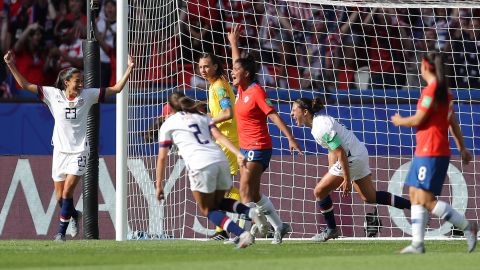 Lloyd celebrates after scoring her team's third goal against Chile at the Women's World Cup.