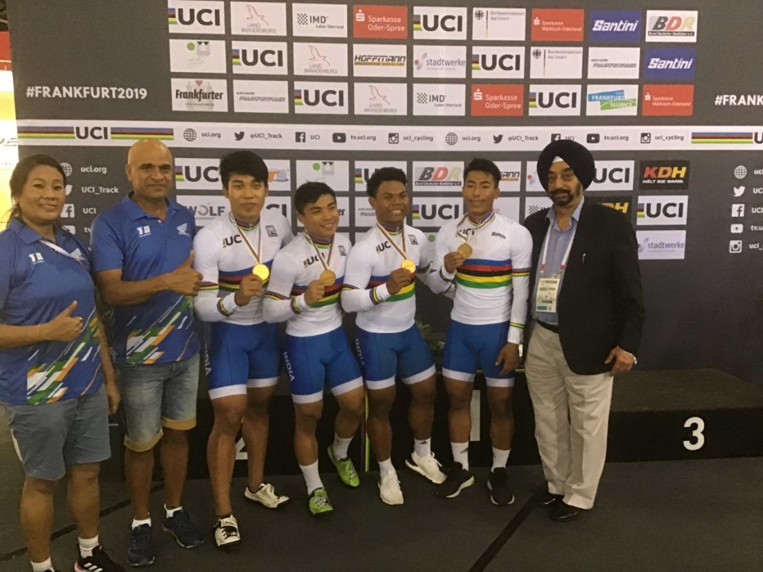 The victorious Indian team after receiving their gold medals for the team sprint in the 2019 world junior track championships in Germany.