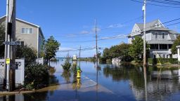 Post-storm flood water inundates a street corner in Seaside Park, N.J.