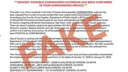 LOS ANGELES --Following reports that a letter purporting to be from the Los Angeles County Department of Public Health (Public Health) is being distributed in the City of Carson regarding 2019 novel coronavirus (2019- nCoV), Public Health warns the public that this information is false and was not issued by Public Health. Accurate information will always be distributed officially by Public Health through our official channels in the form of a press release and will also be available on the Public Health website http://www.publichealth.lacounty.gov  and social media accounts @lapublichealth.  There is no immediate threat to the general public, no special precautions are required, and people should not be excluded from activities based on their race, country of origin, or recent travel if they do not have symptoms of respiratory illness.