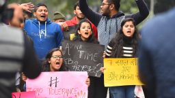 Students and members of Asmita Theatre Group shout slogans during a protest highlighting the lack of justice for rape survivors on the seventh anniversary of the Nirbhaya rape case, at Jantar Mantar on December 17, 2019, in New Delhi, India.