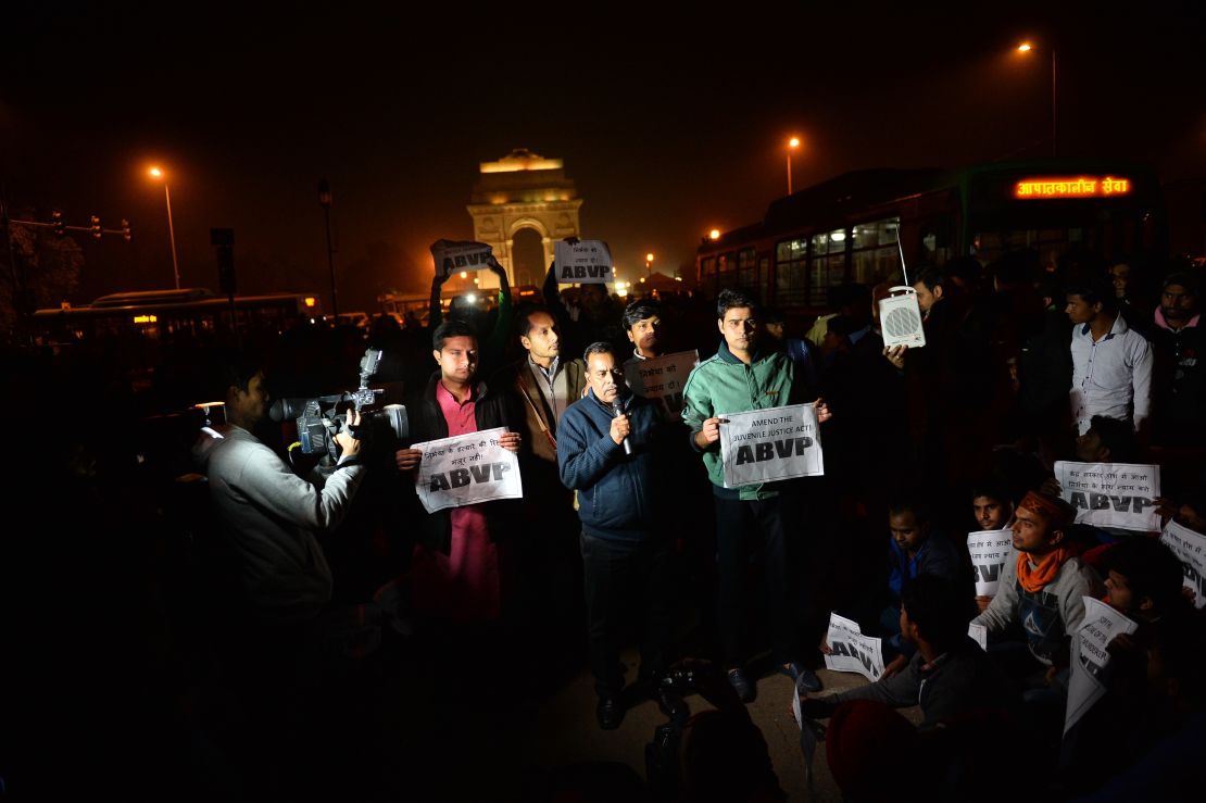 The father of Indian gang rape victim 'Nirbhaya' addresses a rally in New Delhi on December 20, 2015, held to protest the release of a juvenile rapist. 