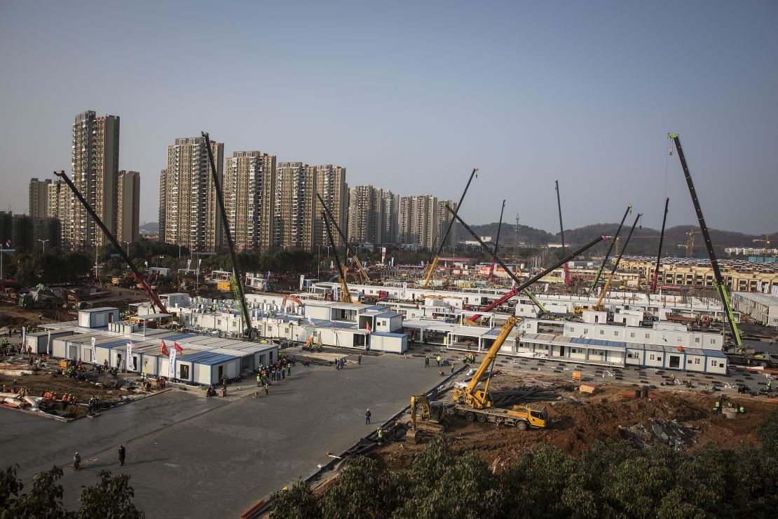 Work continues on Wuhan Huoshenshan hospital on January 30, 2020 in Wuhan, China. The 1,000-bed hospital is scheduled to open on February 5.