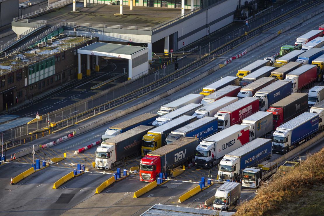 Trucks line up at the Port of Dover, the last stop in the UK before France.