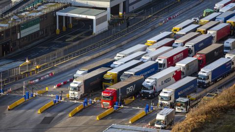 Trucks line up at the Port of Dover, the last stop in the UK before France.