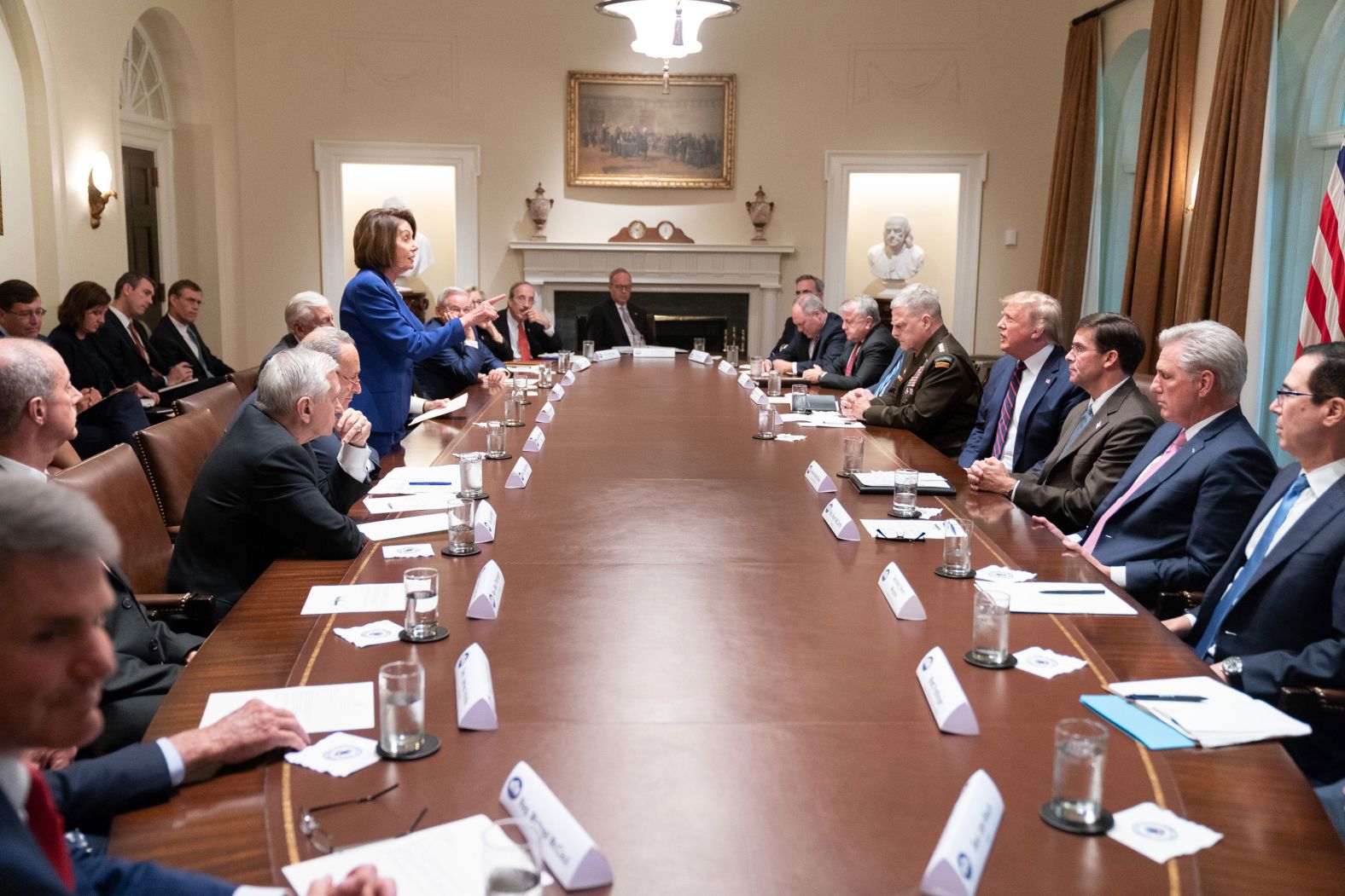 House Speaker Nancy Pelosi points at Trump during <a href="index.php?page=&url=https%3A%2F%2Fwww.cnn.com%2F2019%2F10%2F16%2Fpolitics%2Ftrump-schumer-pelosi-meltdown%2Findex.html" target="_blank">a contentious White House meeting</a> in October 2019. Democratic leaders were there for a meeting about Syria, and Senate Minority Leader Chuck Schumer said they walked out when Trump went on a diatribe and "started calling Speaker Pelosi a third-rate politician." Pelosi said, "What we witnessed on the part of the president was a meltdown." Trump later tweeted this photo, taken by White House photographer Shealah Craighead, with the caption "Nervous Nancy's unhinged meltdown!" Pelosi then <a href="index.php?page=&url=https%3A%2F%2Fwww.cnn.com%2F2019%2F10%2F16%2Fpolitics%2Fnancy-pelosi-trump-twitter-cover-photo%2Findex.html" target="_blank">made it the cover photo</a> for her own Twitter account.