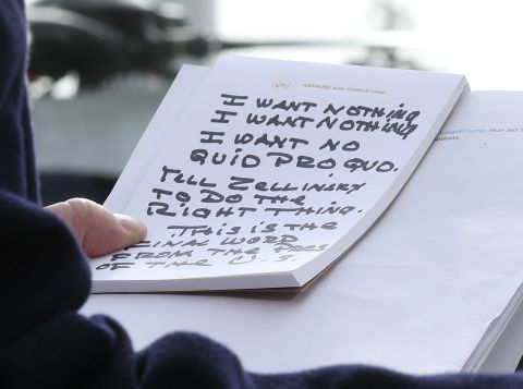 Trump holds his notes while speaking to the media in November 2019. Trump repeatedly said he told Gordon Sondland, the US ambassador to the European Union, that he wanted 