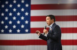 Yang speaks during a forum on gun safety at the Iowa Events Center on August 10, 2019 in Des Moines, Iowa.