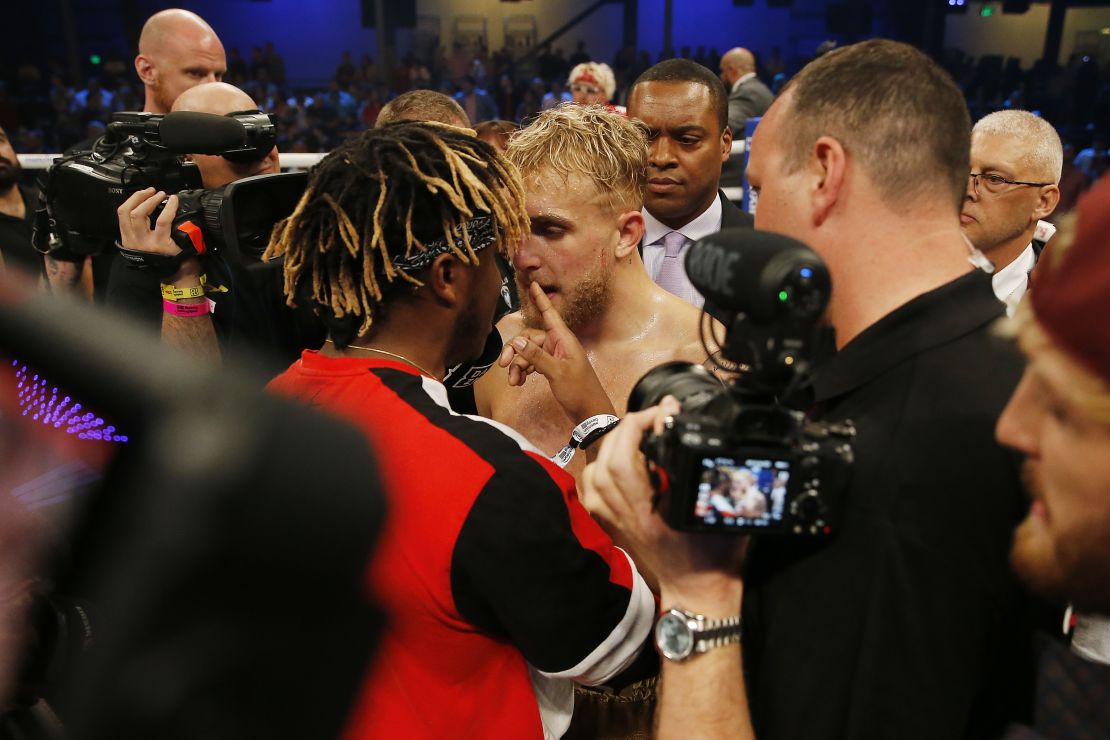 Jake Paul and fellow YouTuber KSI squared up after Paul demanded a fight between the two following his victory.