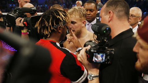 Jake Paul and fellow YouTuber KSI squared up after Paul demanded a fight between the two following his victory.