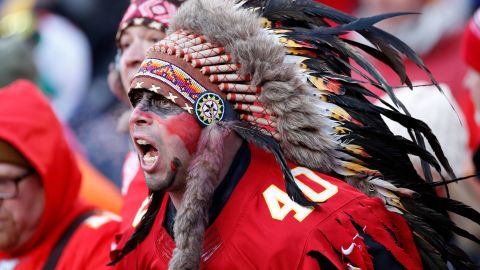 A Kansas City Chiefs fan yells while attending the AFC Championship game against the Tennessee Titans at Arrowhead Stadium on January 19, 2020, in Kansas City, Missouri.
