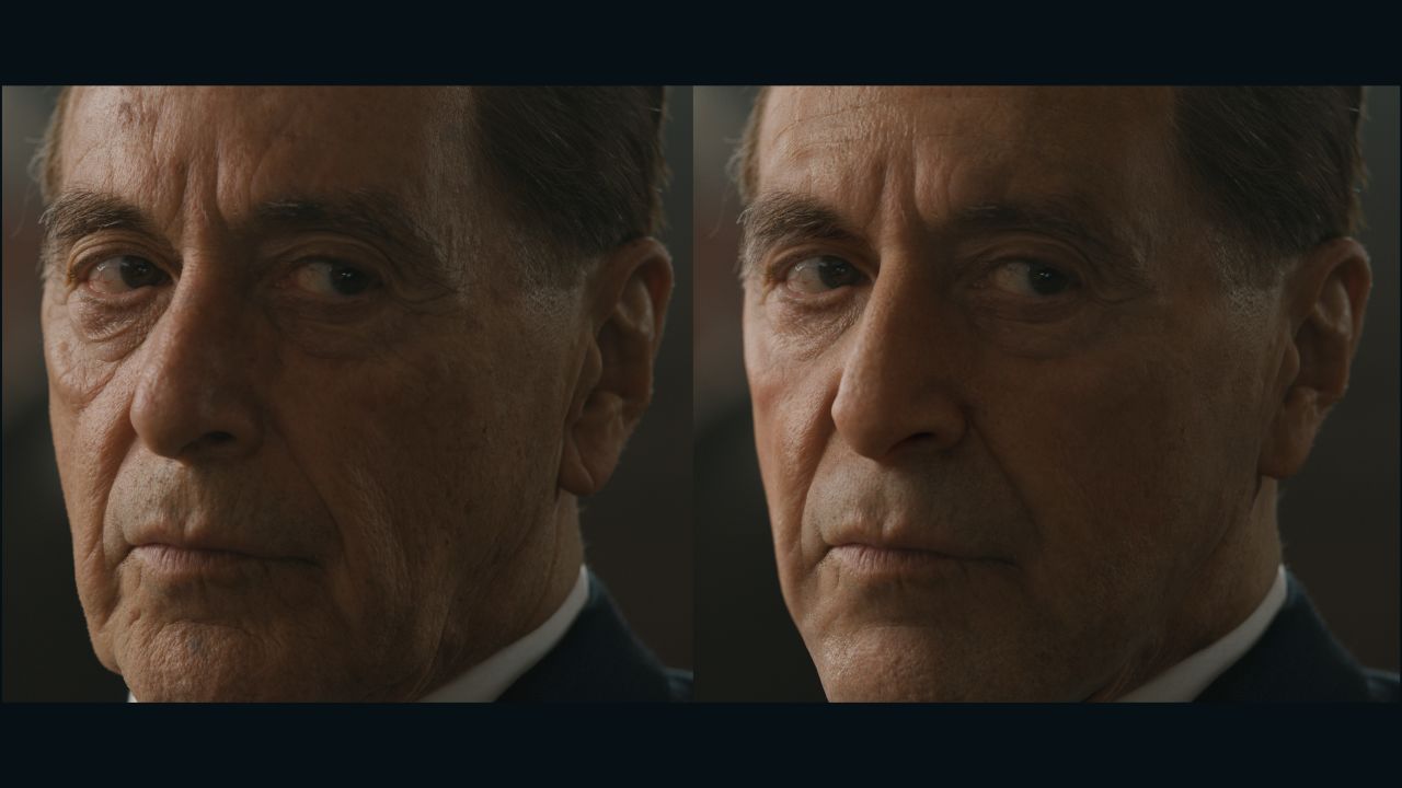 Al Pacino's face before and after de-aging technology is applied.