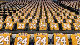 Kobe Bryant shirts are set on seats inside the Staples Center in advance of the Los Angeles Lakers game against the Portland Trail Blazers.