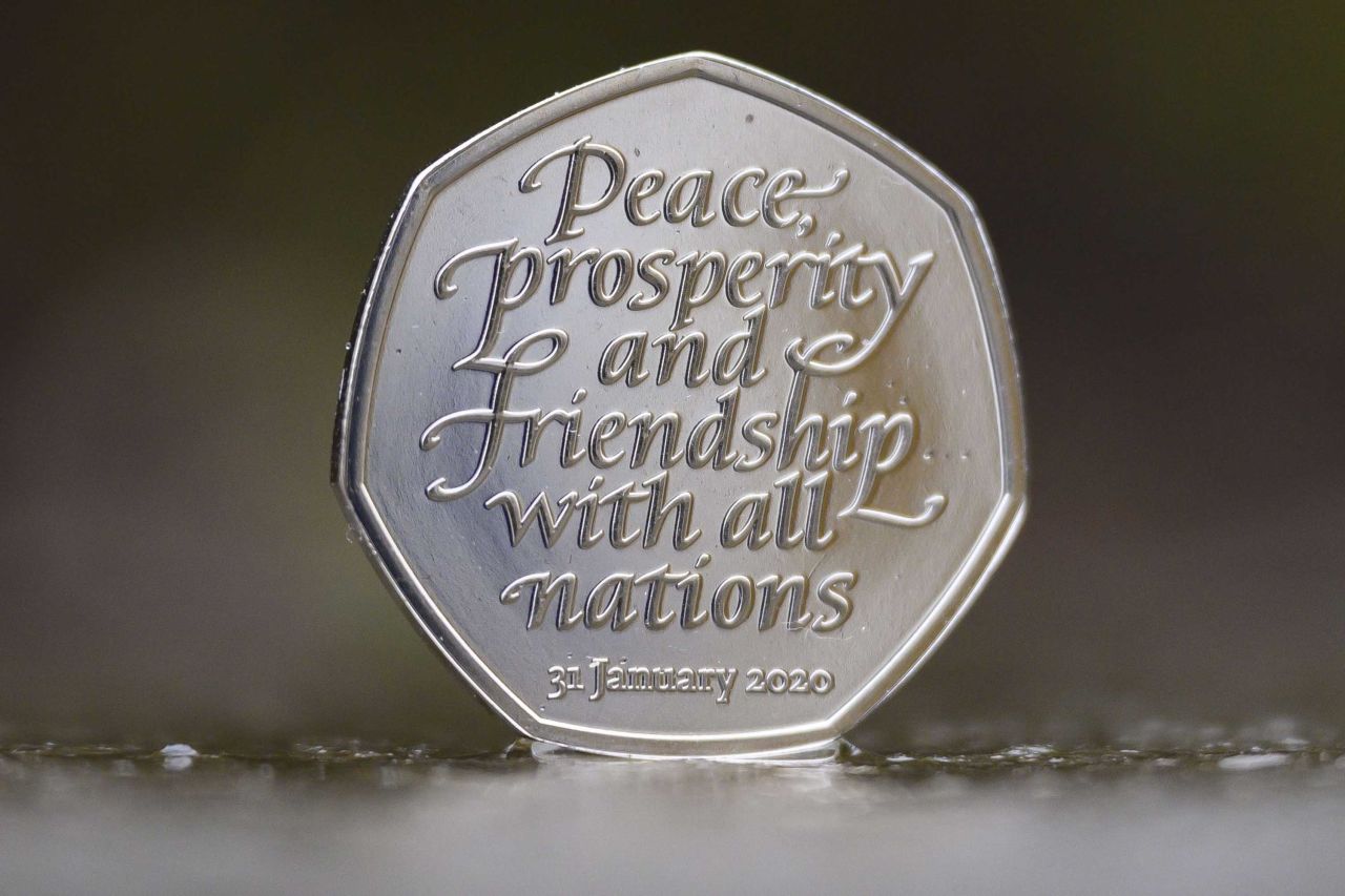 A commemorative 50-pence coin is pictured at the Royal Mint in Llantrisant, Wales. The coins will enter into circulation throughout 2020 to mark the UK's exit from the EU.