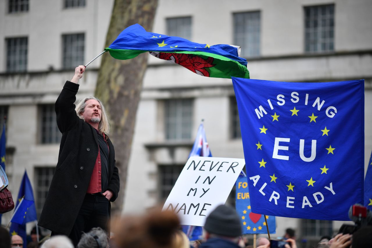 Pro-EU activists protest at Parliament Square in London.