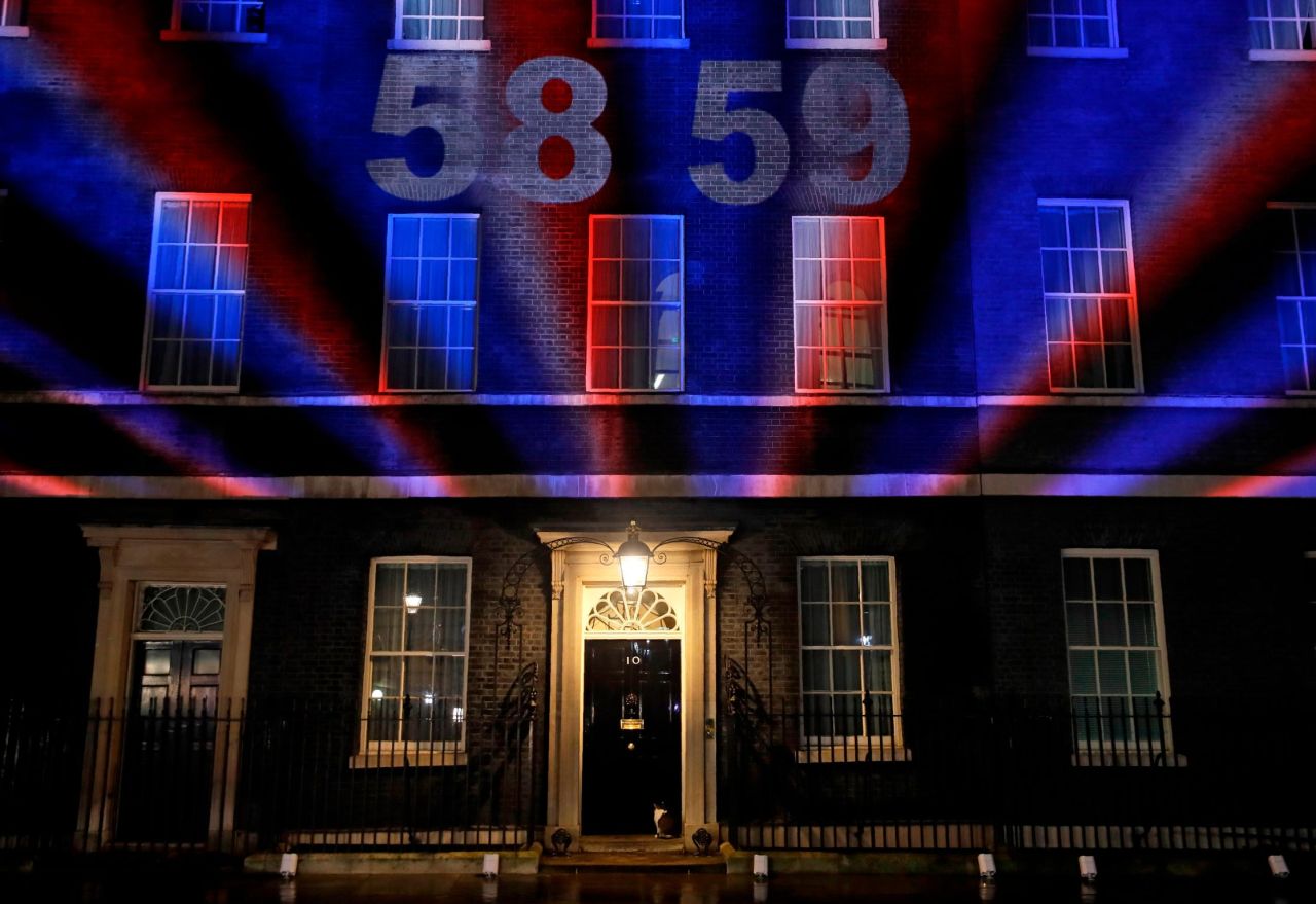 A countdown to Brexit illuminates the exterior of No. 10 Downing Street in London.