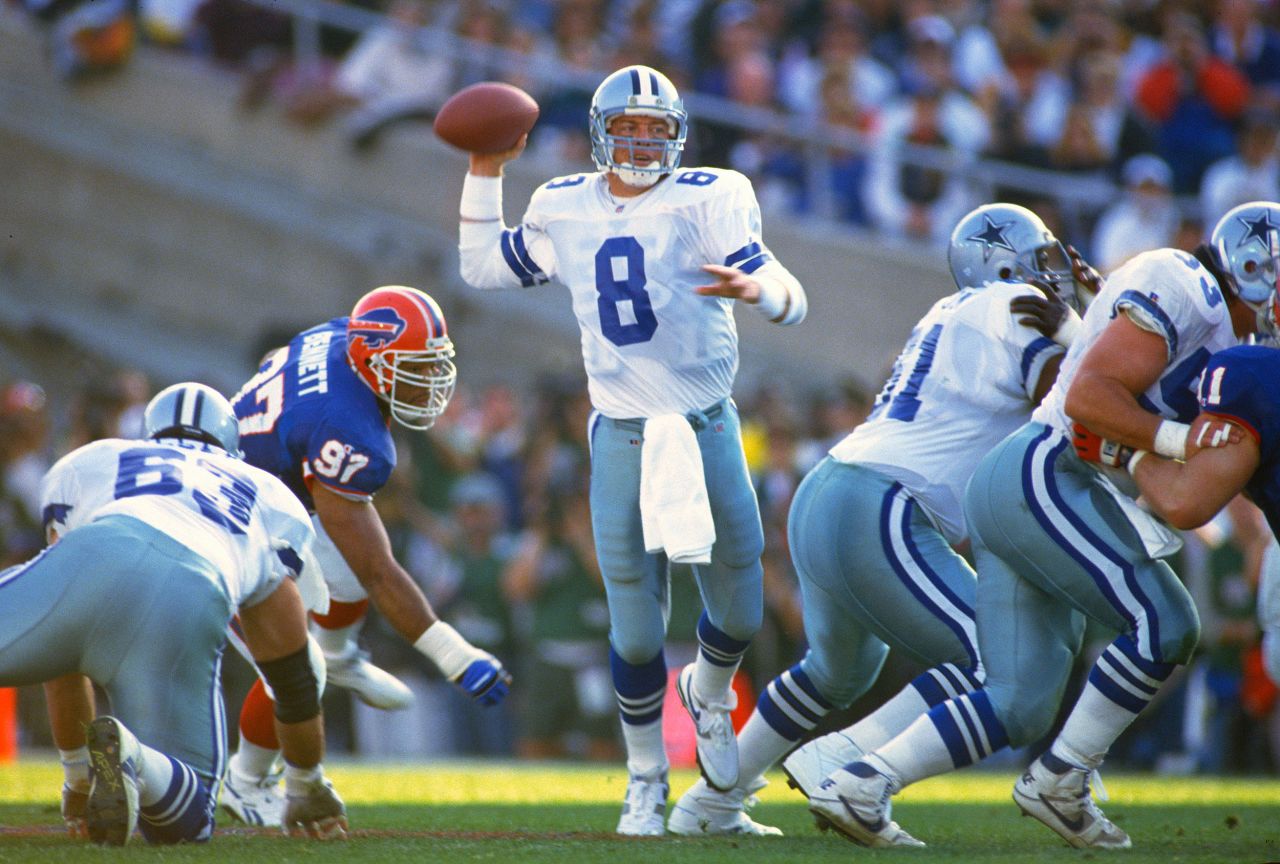 <strong>Super Bowl XXVII (1993): </strong>Dallas quarterback Troy Aikman had 273 yards and four touchdowns as the Cowboys won their first Super Bowl since 1978. Dallas trounced Buffalo 52-17, handing the Bills their third straight Super Bowl loss.