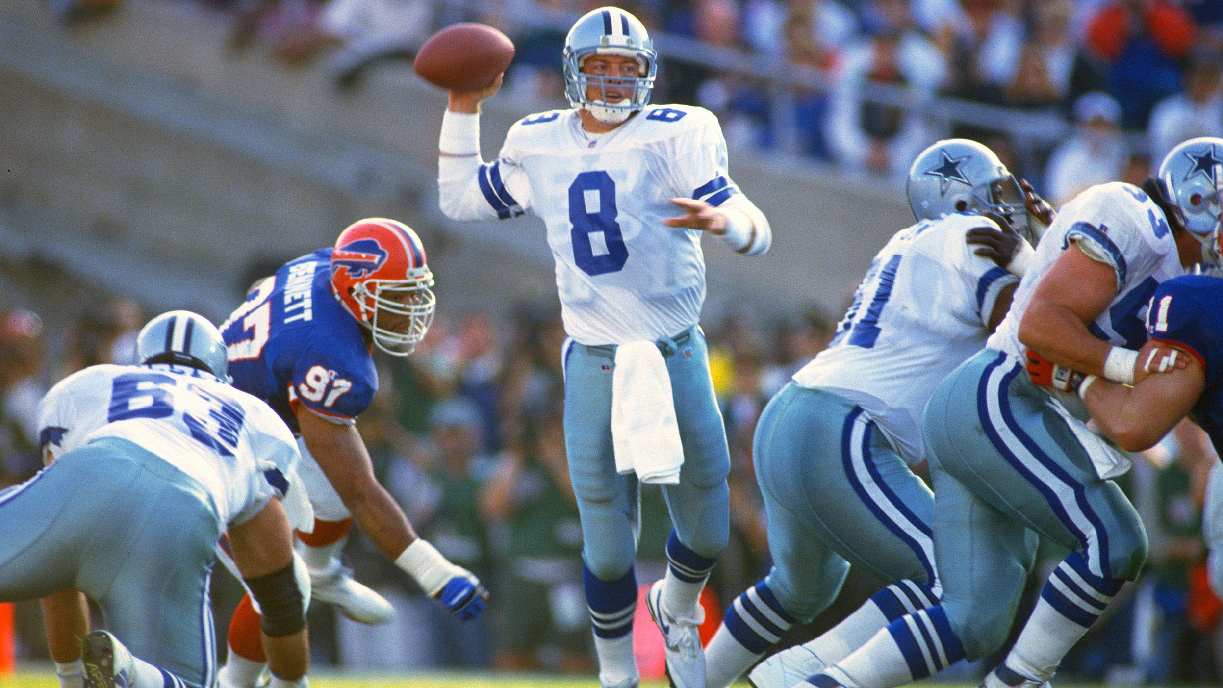 <strong>Super Bowl XXVII (1993): </strong>Dallas quarterback Troy Aikman had 273 yards and four touchdowns as the Cowboys won their first Super Bowl since 1978. Dallas trounced Buffalo 52-17, handing the Bills their third straight Super Bowl loss.