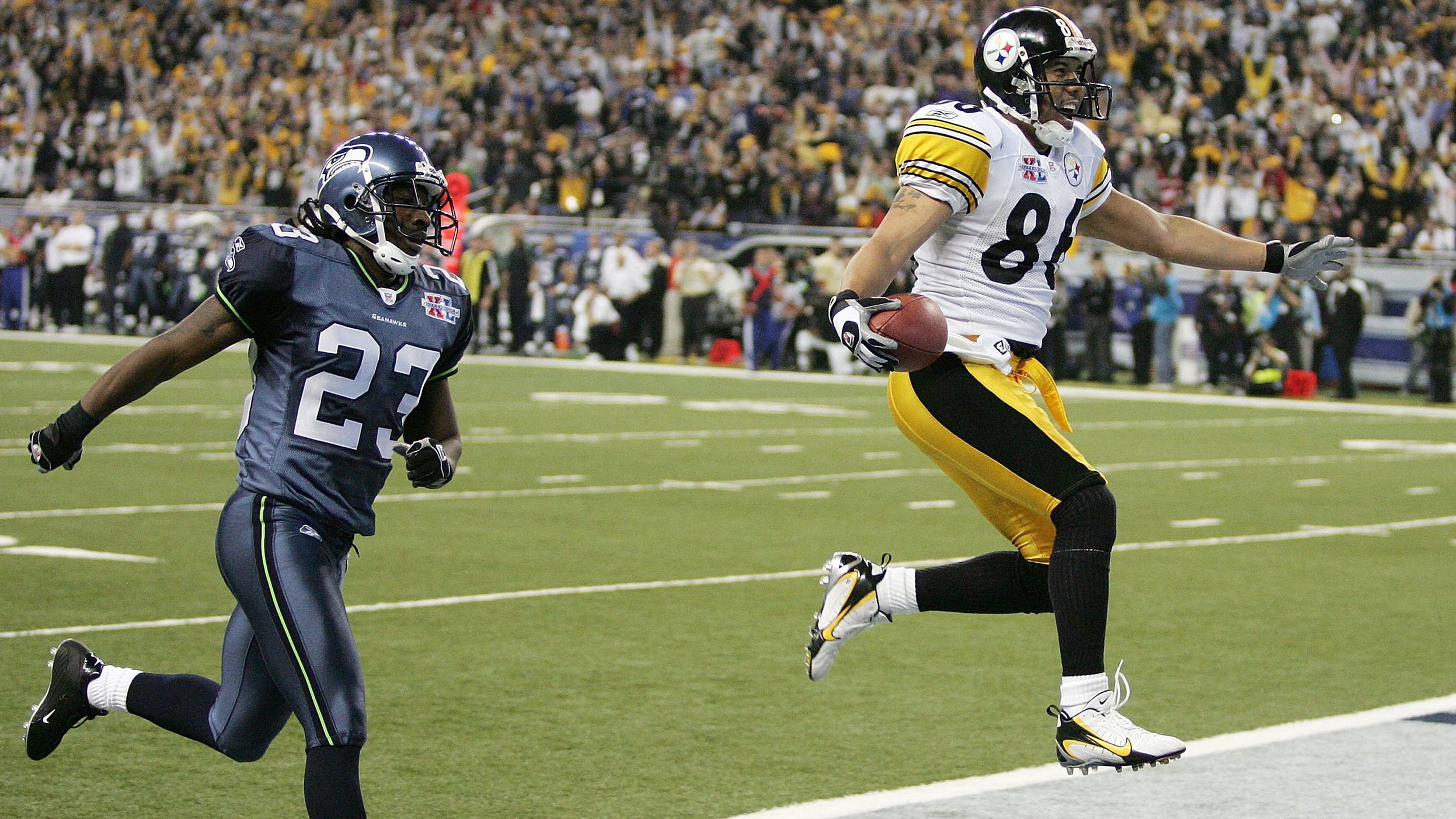 <strong>Super Bowl XL (2006):</strong> Pittsburgh wide receiver Hines Ward struts into the end zone during the Steelers' 21-10 victory over Seattle. Ward had 123 yards on five catches as the Steelers won their first Super Bowl since 1980. 