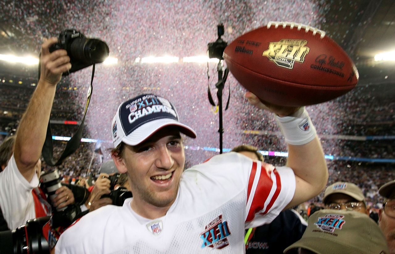 <strong>Super Bowl XLII (2008):</strong> Manning's brother Eli won MVP the next season, as his New York Giants upset the New England Patriots and ended their hopes of an undefeated season. Manning threw for two touchdowns as the Giants won 17-14.