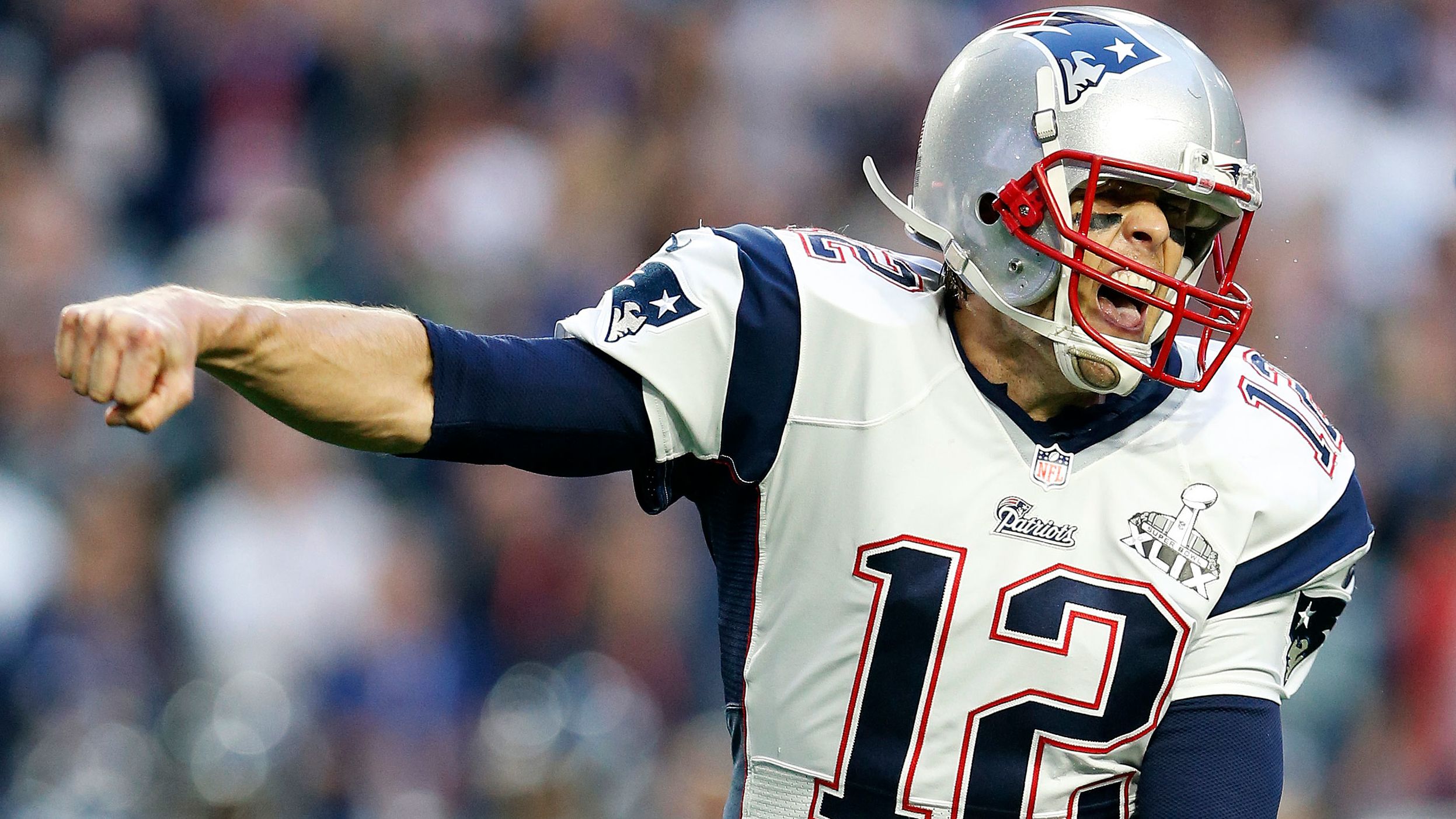 <strong>Super Bowl XLIX (2015):</strong> New England's Tom Brady pumps his fist after throwing one of his four touchdown passes in the Patriots' 28-24 victory over Seattle. Brady joined Joe Montana as the only players to win three Super Bowl MVPs.