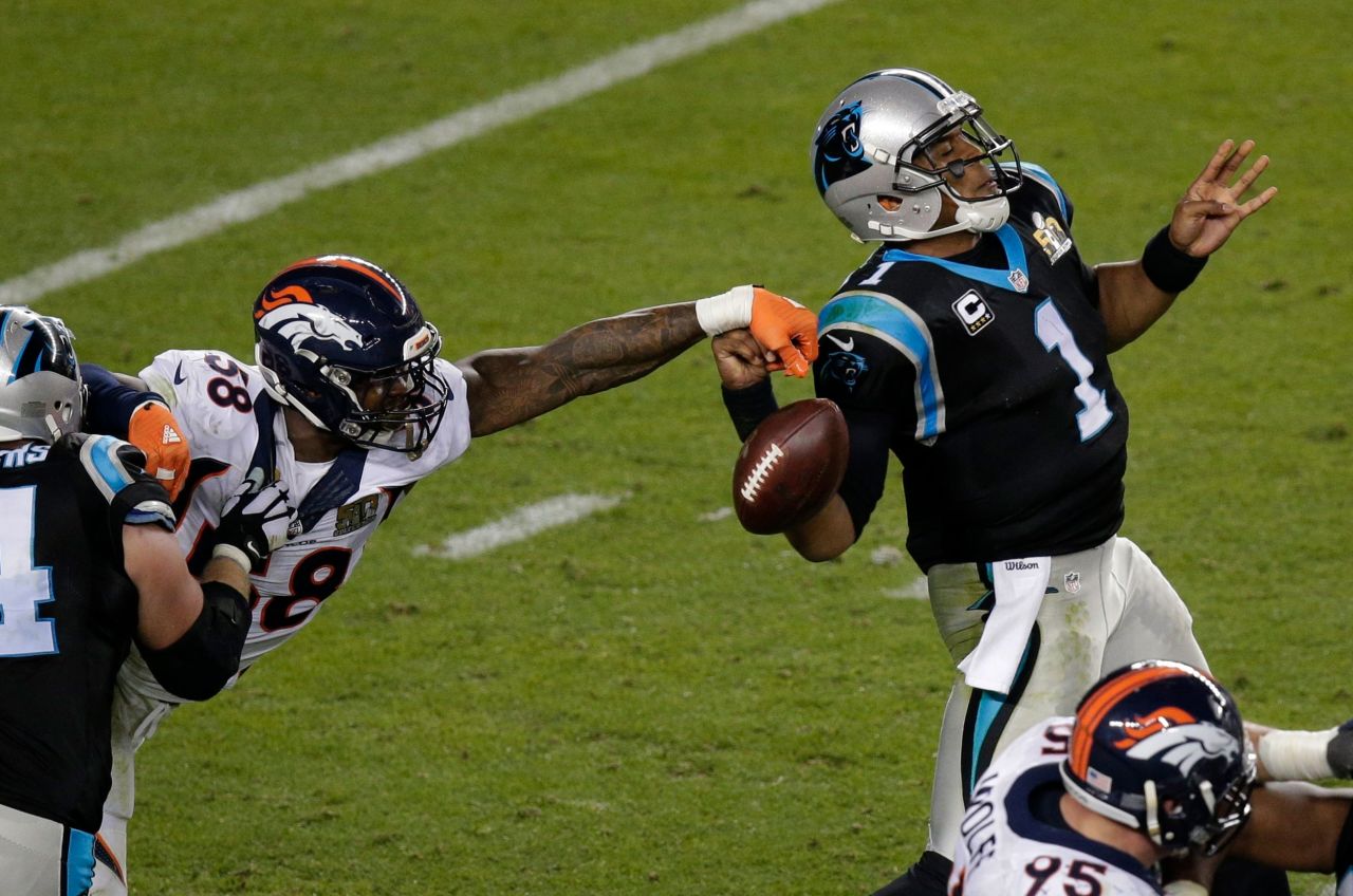<strong>Super Bowl 50 (2016):</strong> Denver linebacker Von Miller knocks the ball out of Cam Newton's hand during the Broncos' 24-10 victory over Carolina. Miller had two forced fumbles in the game. Both were deep in Carolina territory, and one was recovered by a teammate for a touchdown.