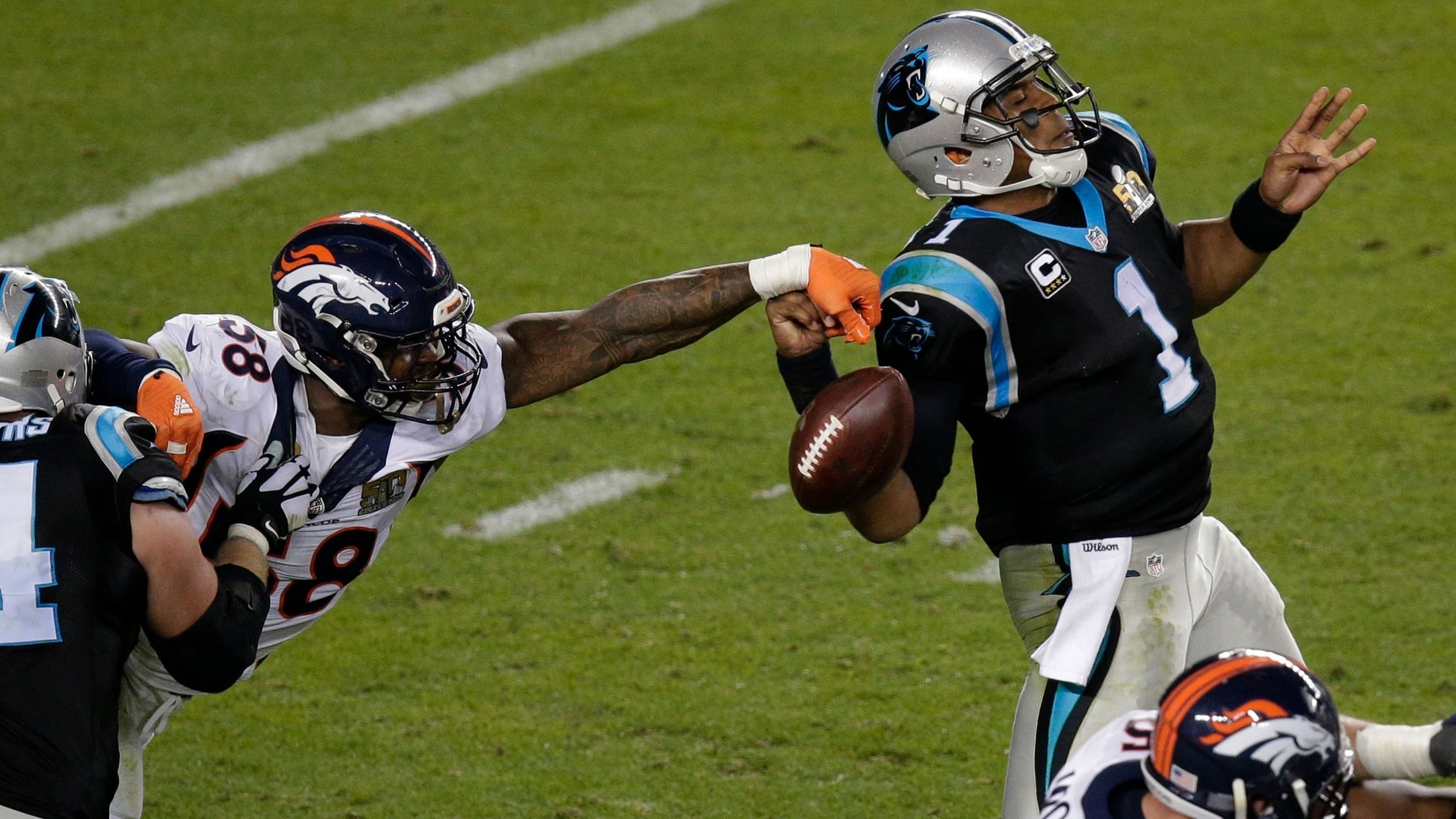 <strong>Super Bowl 50 (2016):</strong> Denver linebacker Von Miller knocks the ball out of Cam Newton's hand during the Broncos' 24-10 victory over Carolina. Miller had two forced fumbles in the game. Both were deep in Carolina territory, and one was recovered by a teammate for a touchdown.