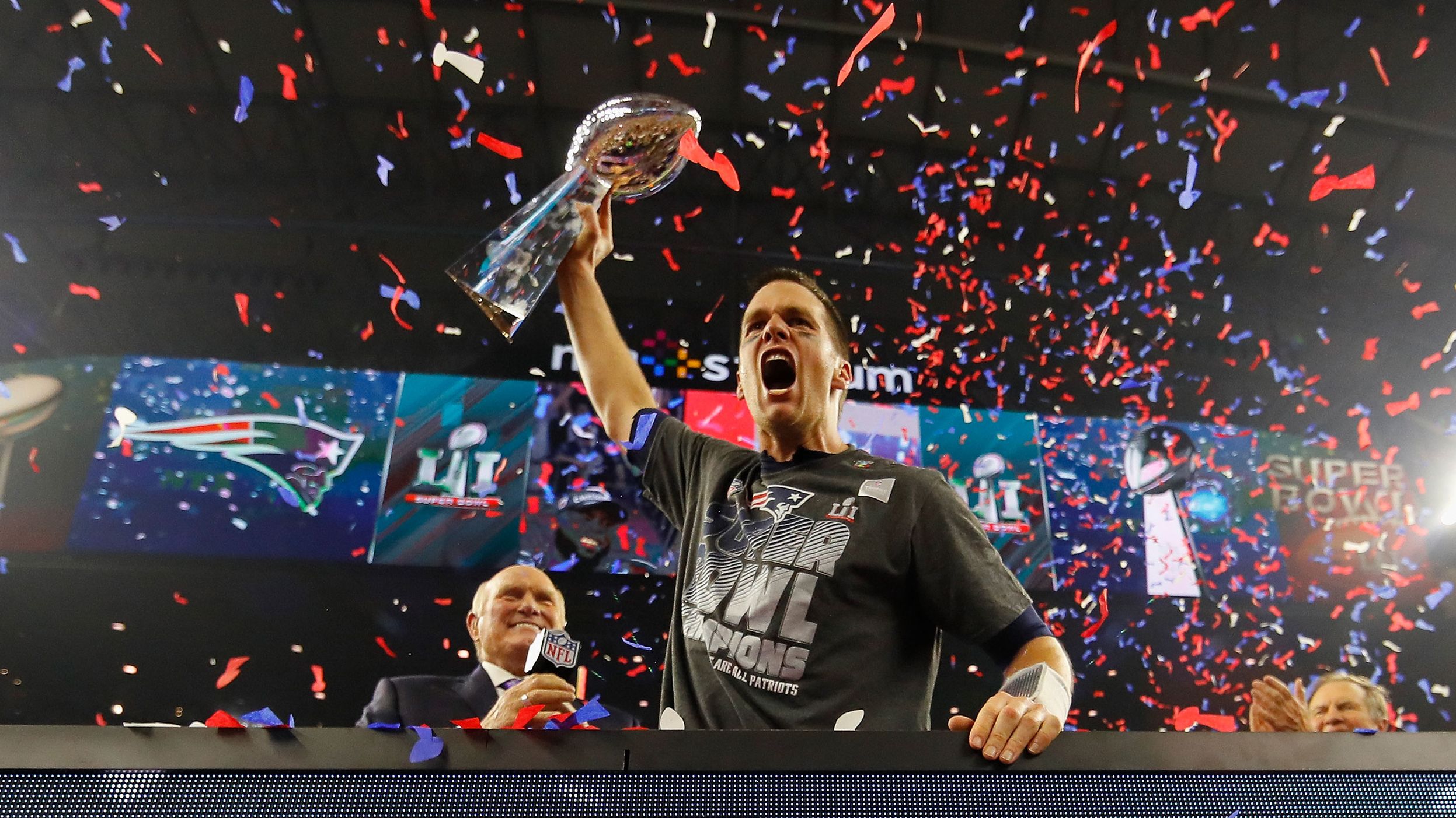 <strong>Super Bowl LI (2017):</strong> Tom Brady threw for a Super Bowl-record 466 yards as New England completed the biggest comeback in Super Bowl history. The Patriots trailed Atlanta 28-3 in the third quarter but rallied to win in overtime. It was Brady's fourth MVP award.