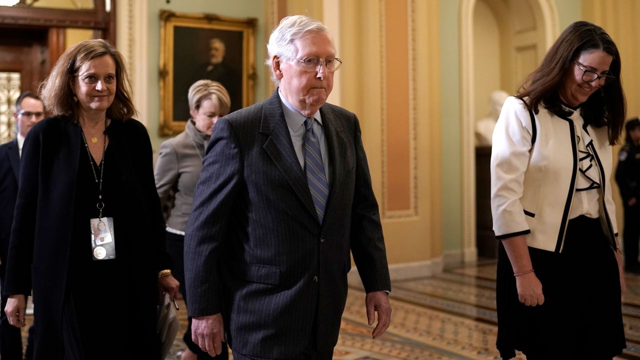 Senate Majority Leader Mitch McConnell, R-Ky., leaves the chamber after the vote on the motion to allow additional witnesses.