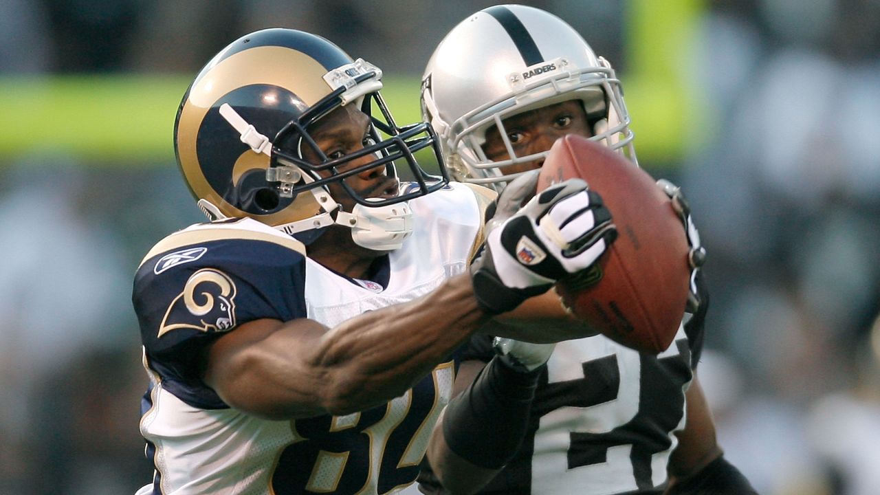 Rams wide receiver Isaac Bruce hauls in a 40-yard pass during a preseason game on August 24, 2007 against the Raiders.