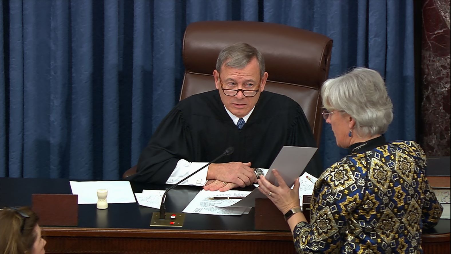 Chief Justice John Roberts addresses the Senate on Friday, January 31, after it voted to block any witnesses from being called in the trial. <a href="index.php?page=&url=https%3A%2F%2Fwww.cnn.com%2F2020%2F01%2F31%2Fpolitics%2Fsenate-impeachment-trial-last-day%2Findex.html" target="_blank">The move</a> marked the beginning of the trial's end.