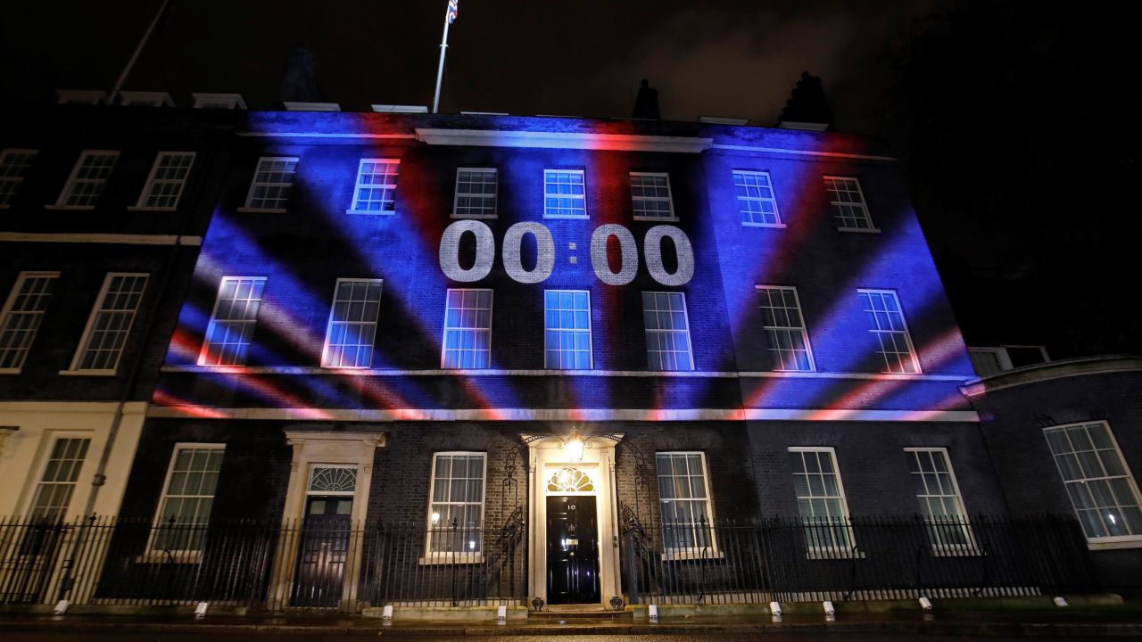 A digital Brexit countdown clock shows 00:00 as the time reaches 11 o'clock, as it is projected onto the front of 10 Downing Street, the official residence of Britain's Prime Minister, in central London on January 31, 2020, as Britain prepares to leave the European Union at 2300GMT. - Brexit supporters gathered outside parliament on Friday to cheer Britain's departure from the European Union following three years of epic political drama -- but for others there were only tears. After 47 years in the European fold, the country leaves the EU at 11:00pm (2300 GMT) on Friday, with a handful of the most enthusiastic supporters gathering opposite the Houses of Parliament 12 hours before the final countdown. (Photo by Tolga AKMEN / AFP) (Photo by TOLGA AKMEN/AFP via Getty Images)