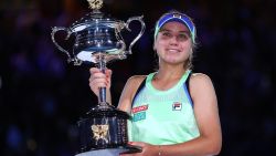 MELBOURNE, AUSTRALIA - FEBRUARY 01:  Sofia Kenin of the United States poses with the Daphne Akhurst Memorial Cup after her Women's Singles Final match against Garbine Muguruza of Spain> on day thirteen of the 2020 Australian Open at Melbourne Park on February 01, 2020 in Melbourne, Australia. (Photo by Cameron Spencer/Getty Images)
