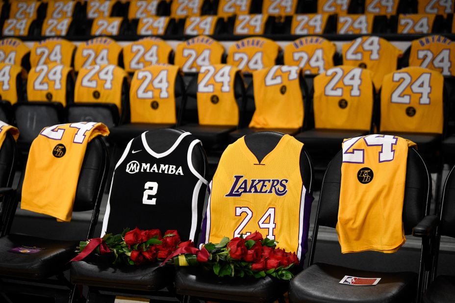 The jerseys of Kobe Bryant, right, and his daughter Gianna are draped on the seats the two last sat on at Staples Center, prior to the Lakers' game against the Portland Trail Blazers in Los Angeles, Friday, January 31. The last game the two attended was on December 29, 2019, when the Lakers faced the Dallas Mavericks.