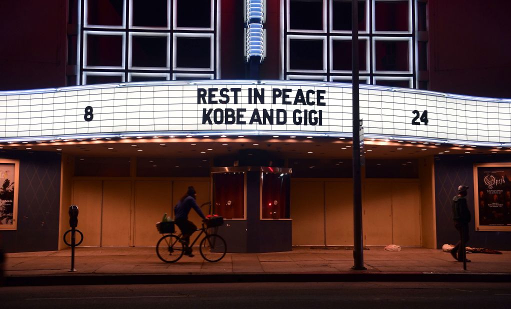 A message honoring Kobe Bryant and his daughter Gianna is seen on the marquee of the Hollywood Paladium on Sunset Boulevard.