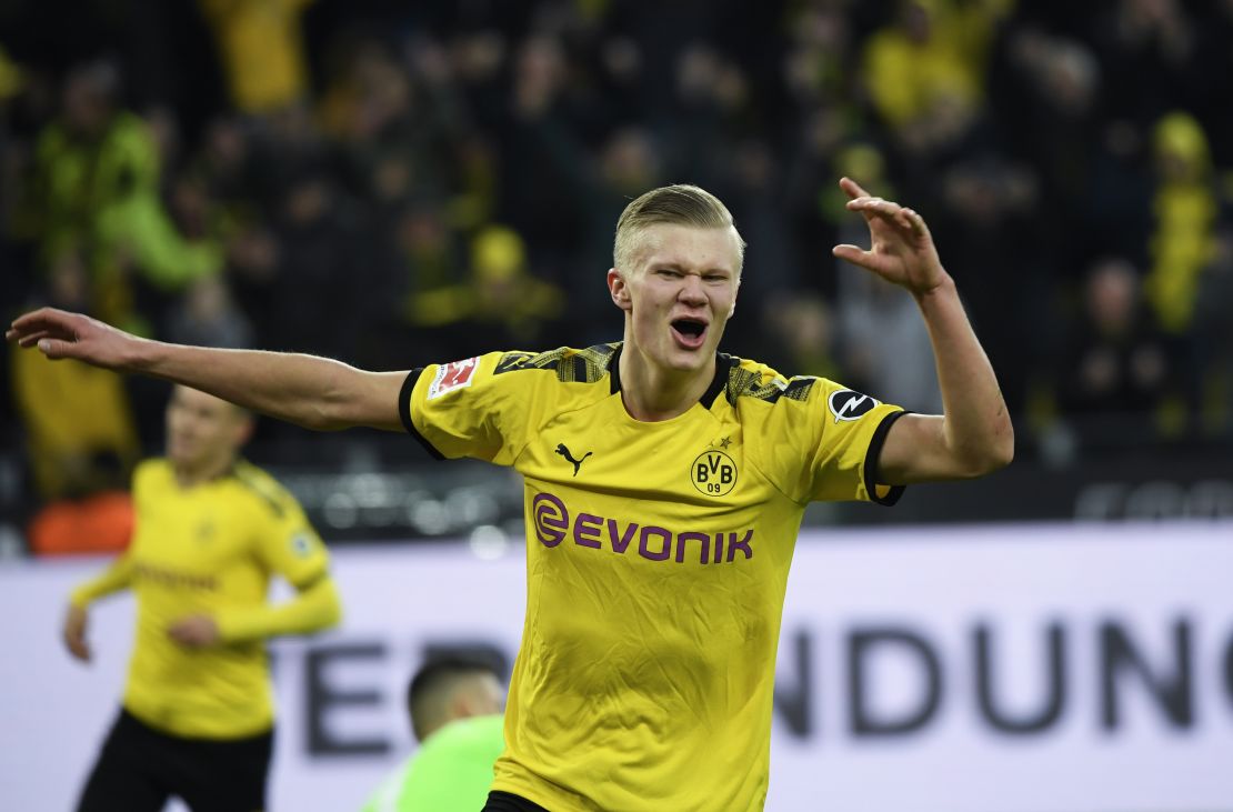 Dortmund's forward Erling Braut H?land celebrates after scoring.