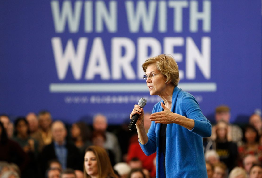 Warren speaks during a campaign rally Saturday, Feb. 1, 2020, in Iowa City, Iowa.